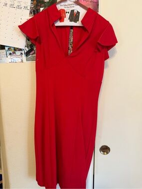 Bebé Red Flutter Sleeve V-Neck Women's Dress